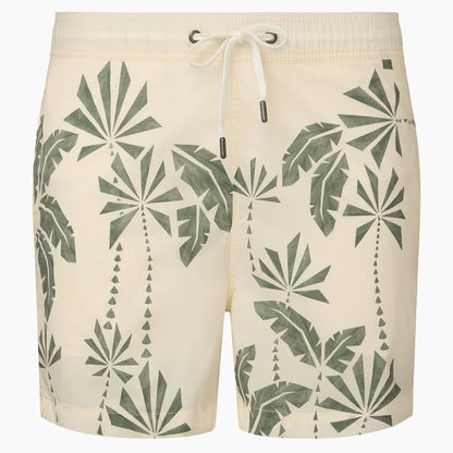 The Onia Charles 5" Swim Trunk is beige with a green palm leaf pattern and a white drawstring, crafted from quick-dry fabric for ultimate comfort.
