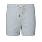 The Onia Charles 5″ Swim Trunk features light blue and white stripes, classic tailoring, and a drawstring waistband. Crafted from quick-dry fabric, these men’s swim trunks are photographed against a plain white background.