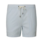 The Onia Charles 5″ Swim Trunk features light blue and white stripes, classic tailoring, and a drawstring waistband. Crafted from quick-dry fabric, these men’s swim trunks are photographed against a plain white background.