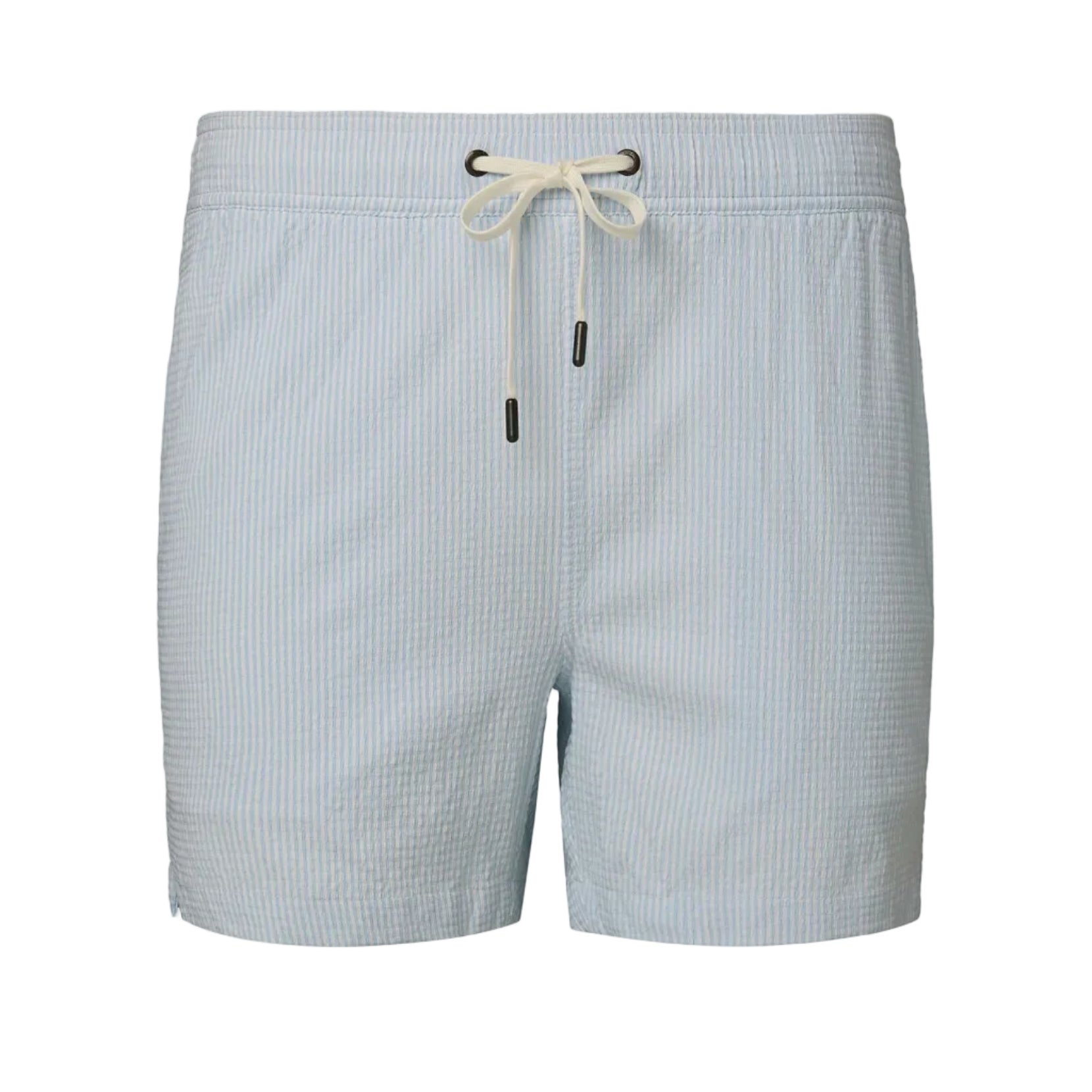 The Onia Charles 5″ Swim Trunk features light blue and white stripes, classic tailoring, and a drawstring waistband. Crafted from quick-dry fabric, these men’s swim trunks are photographed against a plain white background.