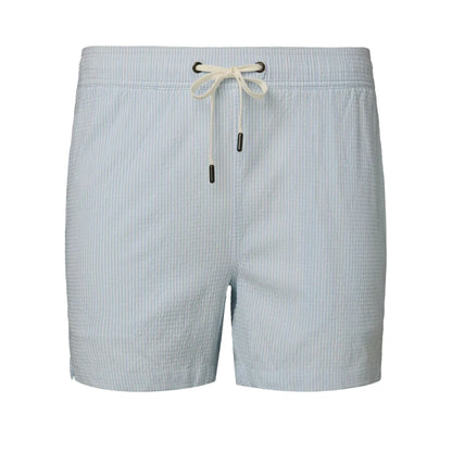 The Onia Charles 5″ Swim Trunk features light blue and white stripes, classic tailoring, and a drawstring waistband. Crafted from quick-dry fabric, these men’s swim trunks are photographed against a plain white background.