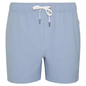 The Onia Charles 5" Swim Trunk features a light blue color, drawstring waist, and subtle textured pattern. Made from quick-dry fabric, it's shown here against a white background.