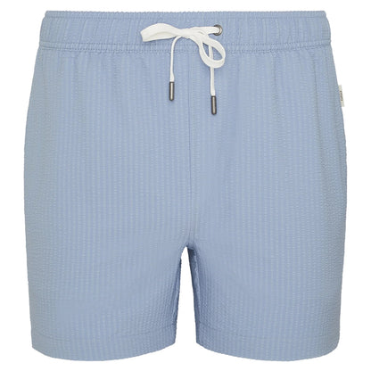 The Onia Charles 5" Swim Trunk features a light blue color, drawstring waist, and subtle textured pattern. Made from quick-dry fabric, it's shown here against a white background.