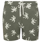 The Charles 5" Swim Trunk by Onia features an olive green color with a white palm tree print, a white drawstring waist, and is made from quick-dry fabric, displayed against a plain background.