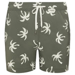 The Charles 5" Swim Trunk by Onia features an olive green color with a white palm tree print, a white drawstring waist, and is made from quick-dry fabric, displayed against a plain background.