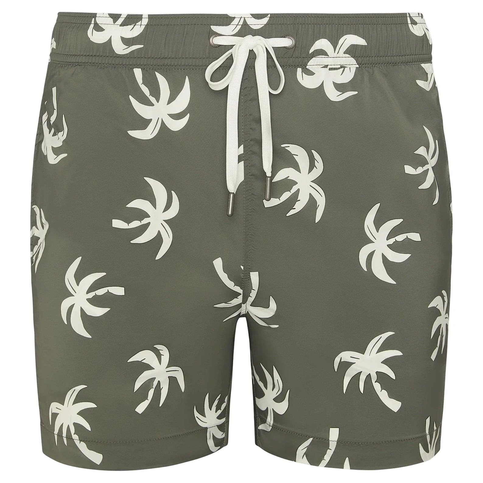 The Charles 5" Swim Trunk by Onia features an olive green color with a white palm tree print, a white drawstring waist, and is made from quick-dry fabric, displayed against a plain background.
