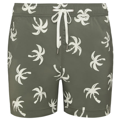 The Charles 5" Swim Trunk by Onia features an olive green color with a white palm tree print, a white drawstring waist, and is made from quick-dry fabric, displayed against a plain background.