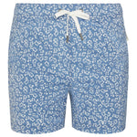 The Charles 5" Swim Trunk by Onia features a white floral pattern, white drawstring at the waist, and quick-dry fabric, shown against a plain background.