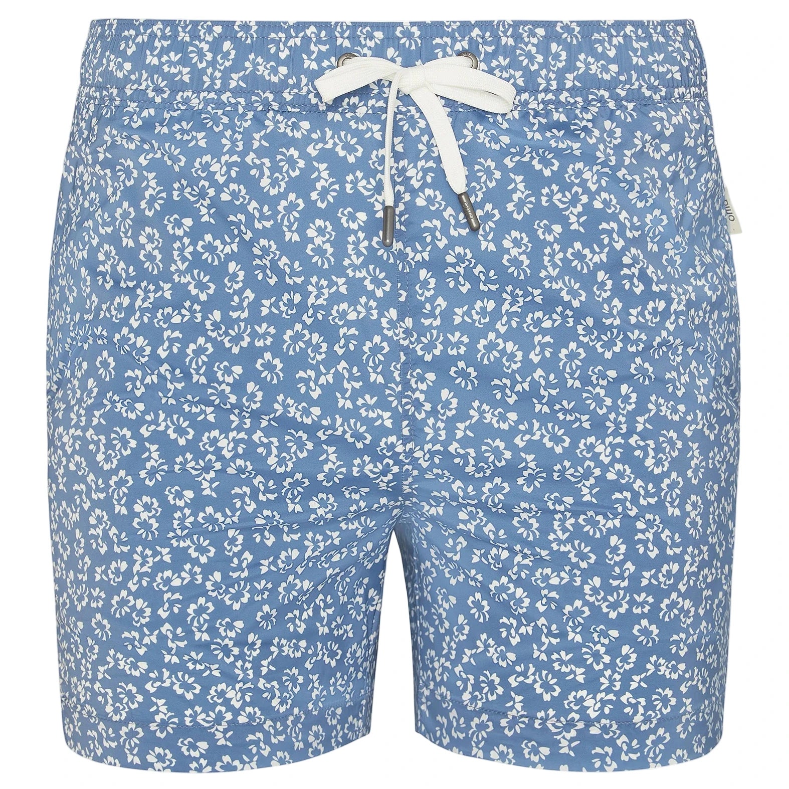 The Charles 5" Swim Trunk by Onia features a white floral pattern, white drawstring at the waist, and quick-dry fabric, shown against a plain background.