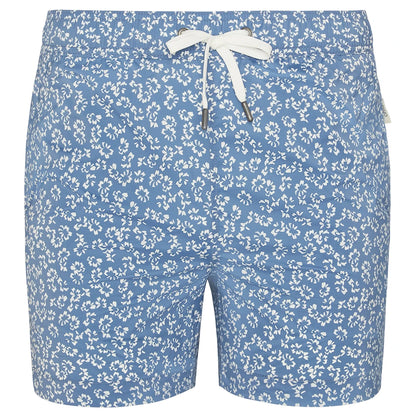 The Charles 5" Swim Trunk by Onia features a white floral pattern, white drawstring at the waist, and quick-dry fabric, shown against a plain background.