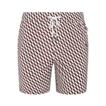 The Charles 7″ Swim Trunk by Onia features a brown and white geometric pattern and is crafted from quick-dry swim fabric, complete with a white drawstring waistband. Shown against a plain white background.