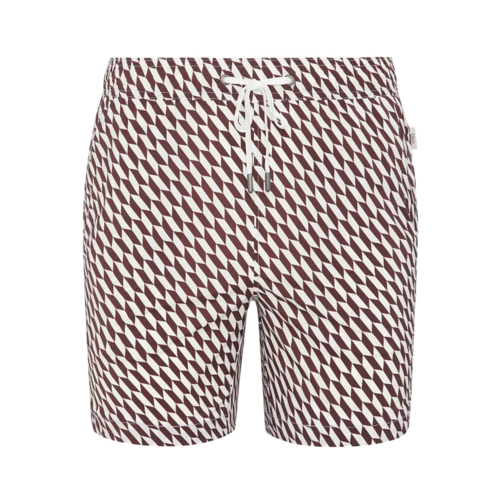 The Charles 7″ Swim Trunk by Onia features a brown and white geometric pattern and is crafted from quick-dry swim fabric, complete with a white drawstring waistband. Shown against a plain white background.