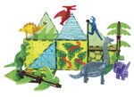 The Magnatiles Dino World XL 50 Piece Set features colorful translucent magnetic tiles assembled with plastic plant figures and dinosaurs, including a pterodactyl, stegosaurus, and brontosaurus.