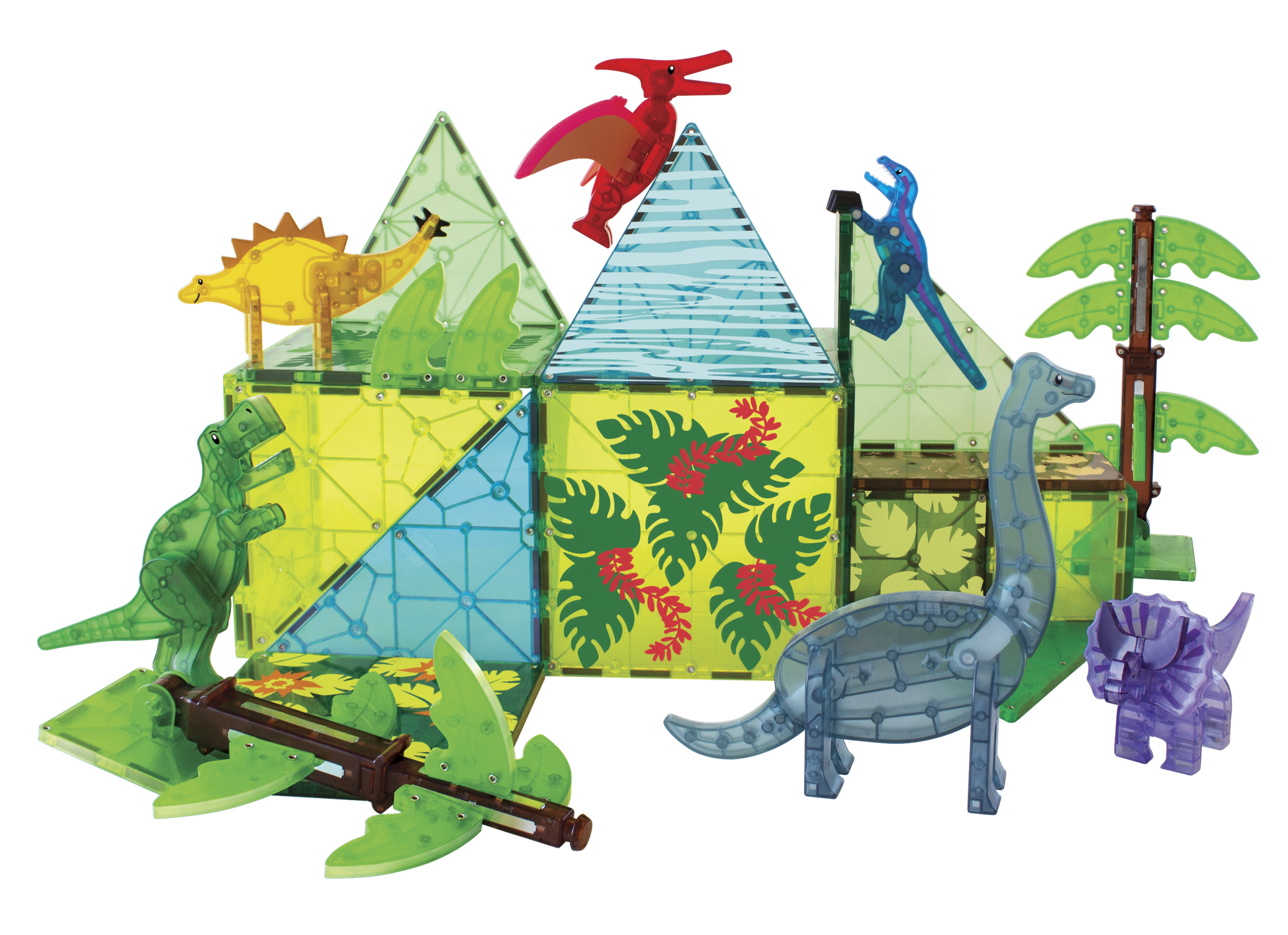 The Magnatiles Dino World XL 50 Piece Set features colorful translucent magnetic tiles assembled with plastic plant figures and dinosaurs, including a pterodactyl, stegosaurus, and brontosaurus.
