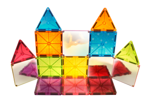 A symmetrical structure made from vibrant, translucent squares and triangles from the Magnatiles Stardust 15-Piece Set highlights the creative building possibilities of this magnetic set against a white background.