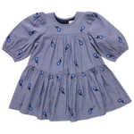 The Girls' Fiona Dress by Pink Chicken features long sleeves, puffed shoulders, a gathered skirt, and a round neckline with beautiful Blue Blossom floral embroidery.