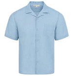 The Onia Air Linen Convertible Vacation Shirt features a light blue color, short sleeves, collar, and single chest pocket, shown on a plain white background.