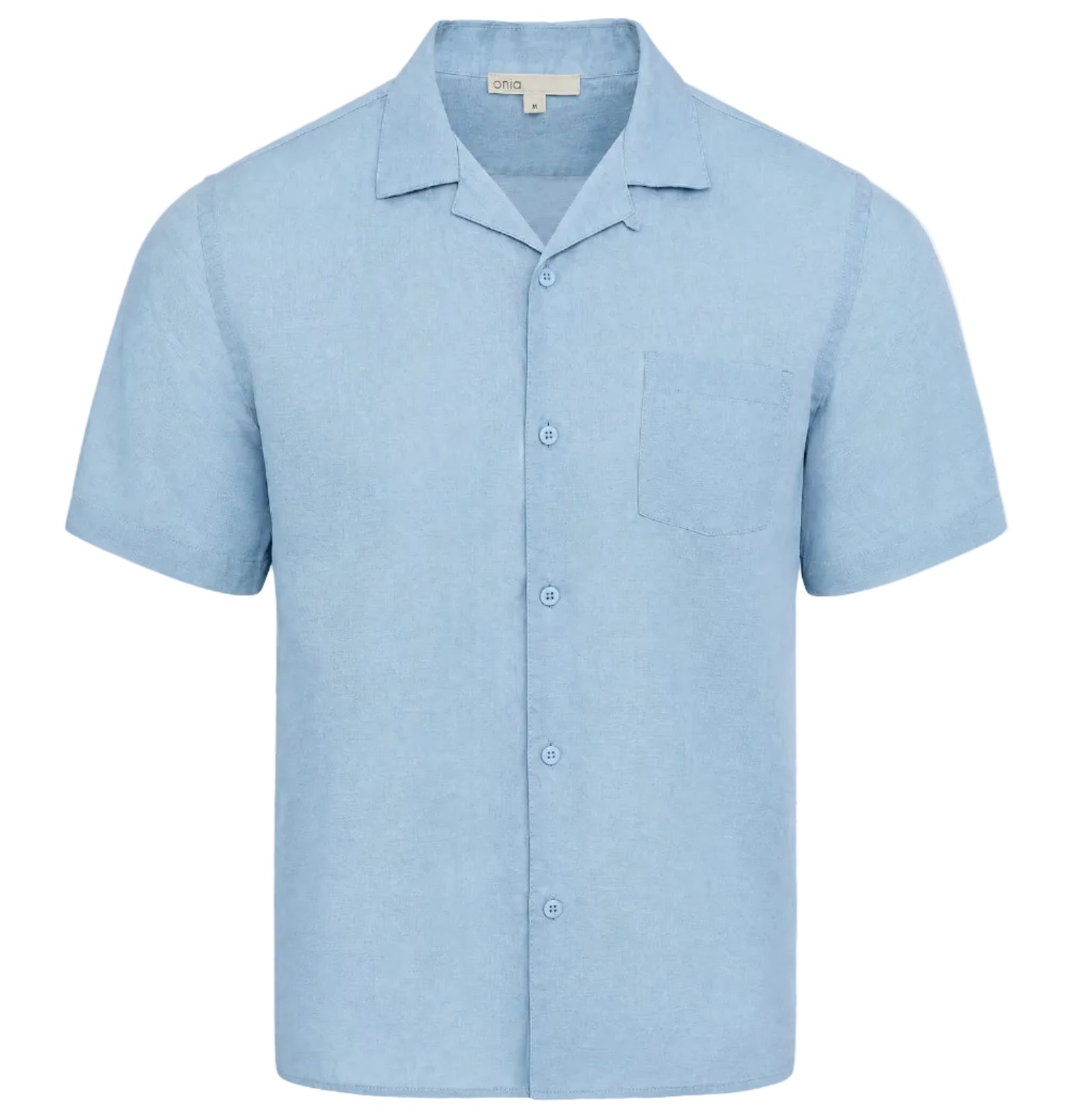 The Onia Air Linen Convertible Vacation Shirt features a light blue color, short sleeves, collar, and single chest pocket, shown on a plain white background.
