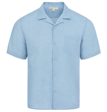 The Onia Air Linen Convertible Vacation Shirt features a light blue color, short sleeves, collar, and single chest pocket, shown on a plain white background.