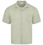 The Onia Air Linen Convertible Vacation Shirt in light green features short sleeves, a collar, and a single chest pocket, shown against a plain white background.