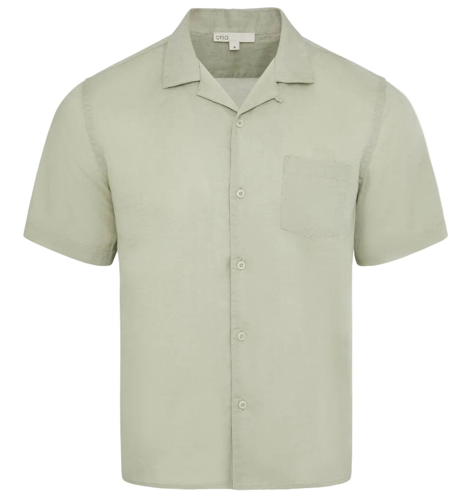 The Onia Air Linen Convertible Vacation Shirt in light green features short sleeves, a collar, and a single chest pocket, shown against a plain white background.