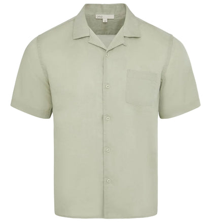 The Onia Air Linen Convertible Vacation Shirt in light green features short sleeves, a collar, and a single chest pocket, shown against a plain white background.