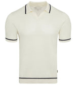 The Onia Linen Johnny Collar Polo Sweater is an off-white, short-sleeve knit top with a Johnny collar, open neckline, and black trim on the sleeves and hem.