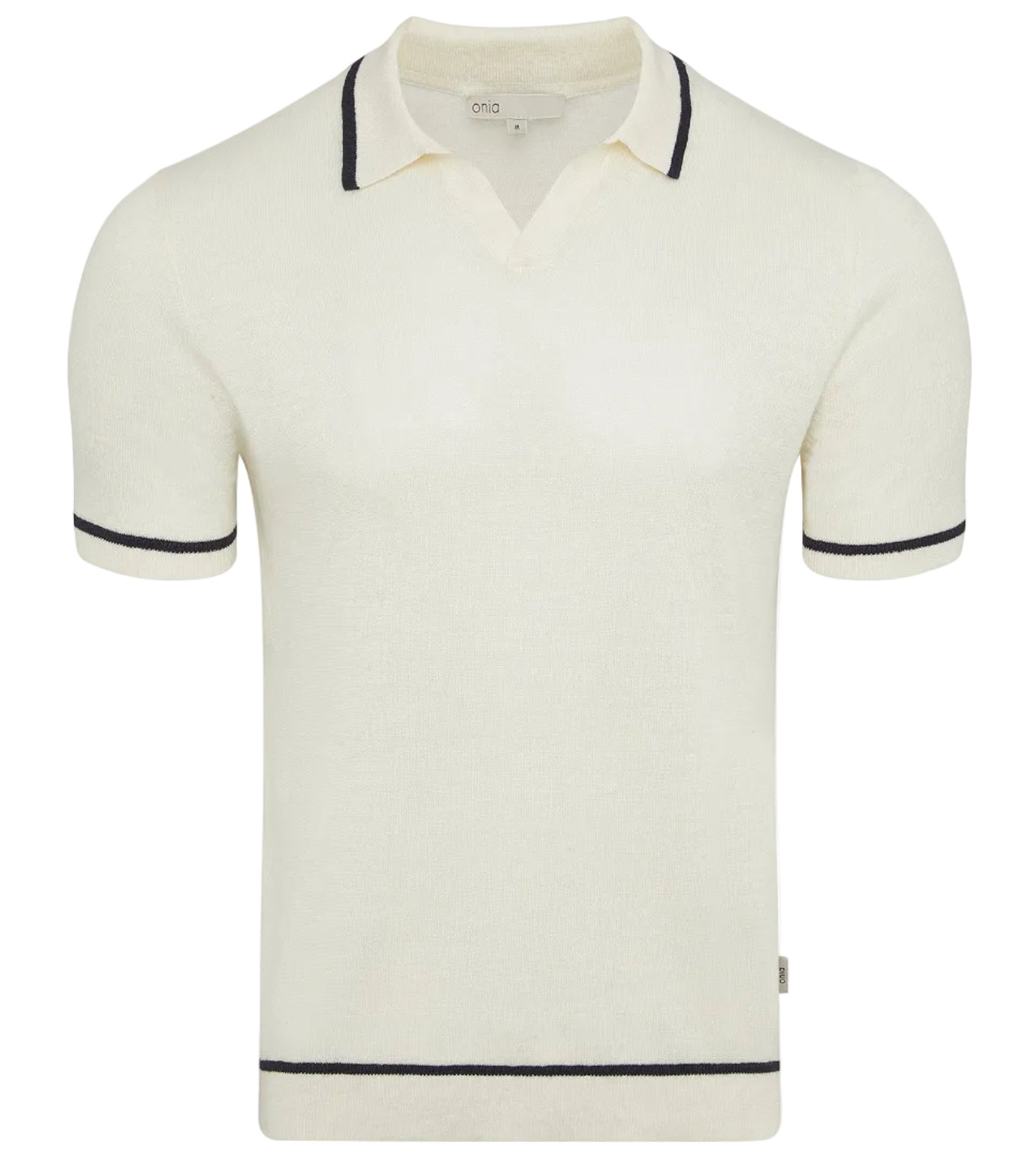 The Onia Linen Johnny Collar Polo Sweater is an off-white, short-sleeve knit top with a Johnny collar, open neckline, and black trim on the sleeves and hem.