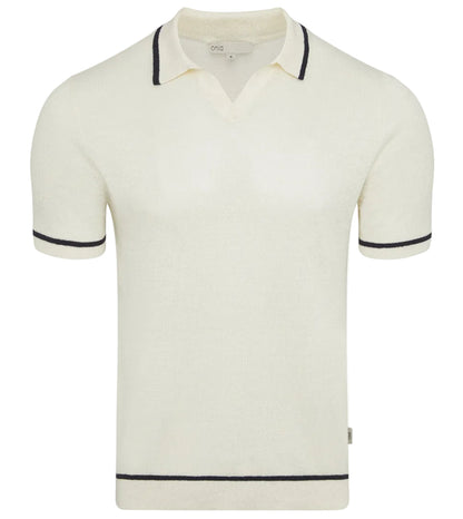 The Onia Linen Johnny Collar Polo Sweater is an off-white, short-sleeve knit top with a Johnny collar, open neckline, and black trim on the sleeves and hem.