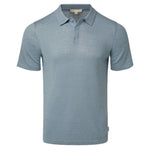 The Linen Sweater Polo by Onia is a relaxed fit light blue shirt with a collar and button placket, made from linen jersey knit and shown on a white background.
