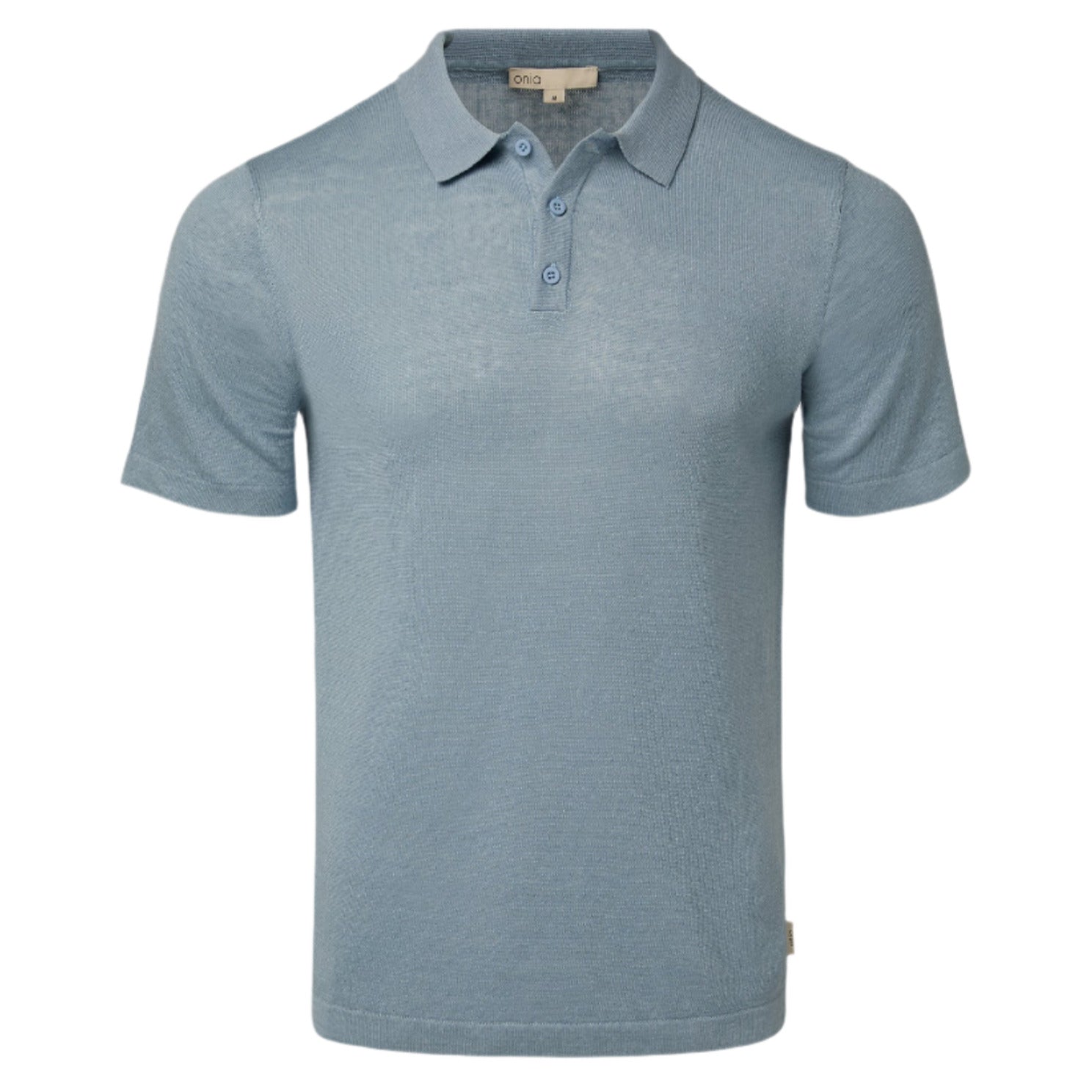 The Linen Sweater Polo by Onia is a relaxed fit light blue shirt with a collar and button placket, made from linen jersey knit and shown on a white background.