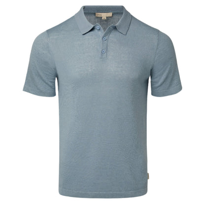 The Linen Sweater Polo by Onia is a relaxed fit light blue shirt with a collar and button placket, made from linen jersey knit and shown on a white background.
