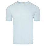 The Joey Crewneck Tee by Onia is a light blue, short-sleeved, relaxed-fit t-shirt made from soft Supima cotton. Features a crewneck collar and is displayed on a plain white background.