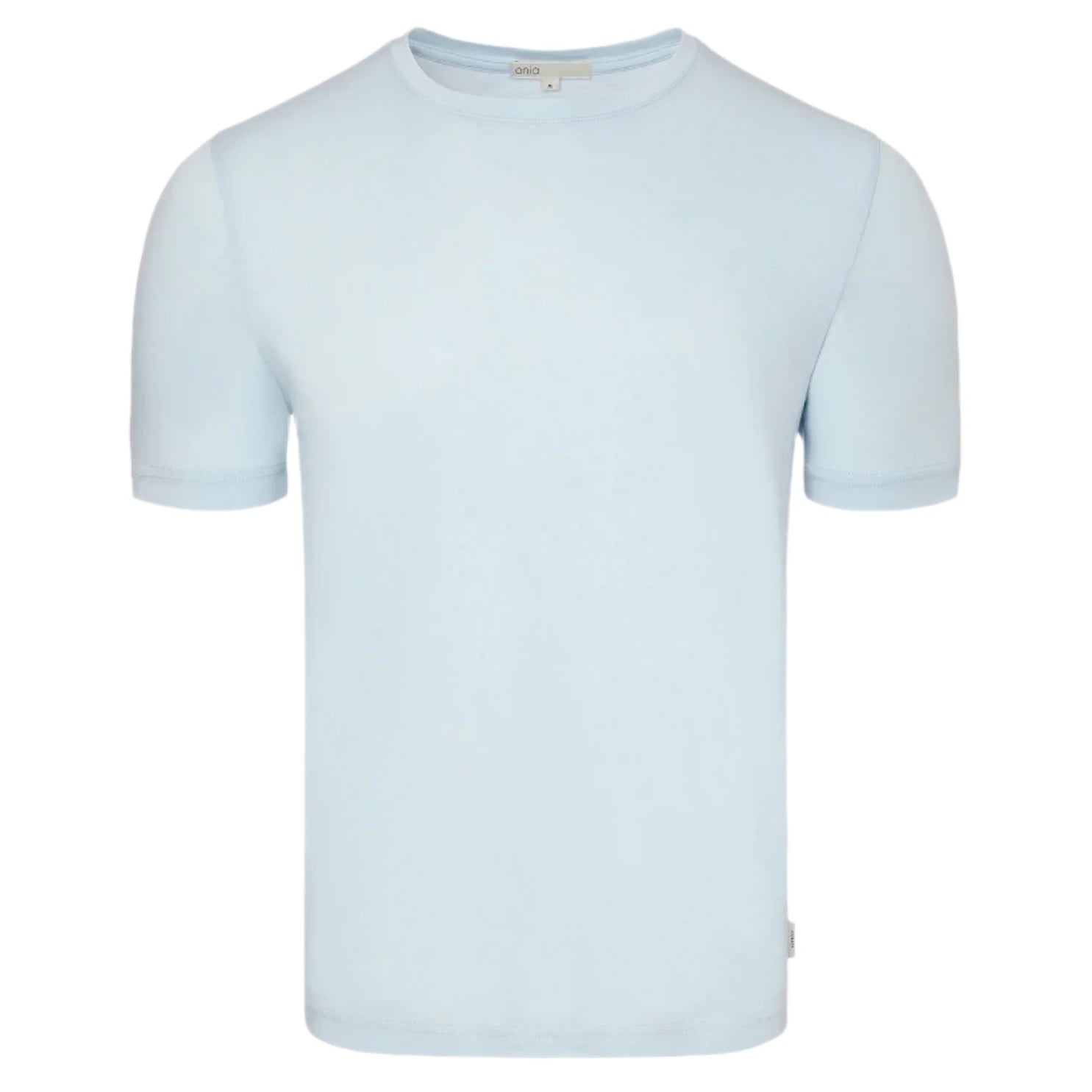 The Joey Crewneck Tee by Onia is a light blue, short-sleeved, relaxed-fit t-shirt made from soft Supima cotton. Features a crewneck collar and is displayed on a plain white background.