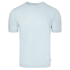 The Joey Crewneck Tee by Onia is a light blue, short-sleeved, relaxed-fit t-shirt made from soft Supima cotton. Features a crewneck collar and is displayed on a plain white background.