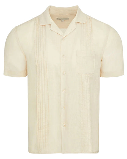 The Onia Linen Pintuck Camp Shirt is a light beige, pure linen short-sleeve shirt with a chest pocket and vertical pintuck pleats on the front.