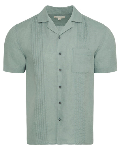 The Linen Pintuck Camp Shirt by Onia is a light green, pure linen short-sleeve shirt featuring a chest pocket and vertical pintuck pleats on the front.