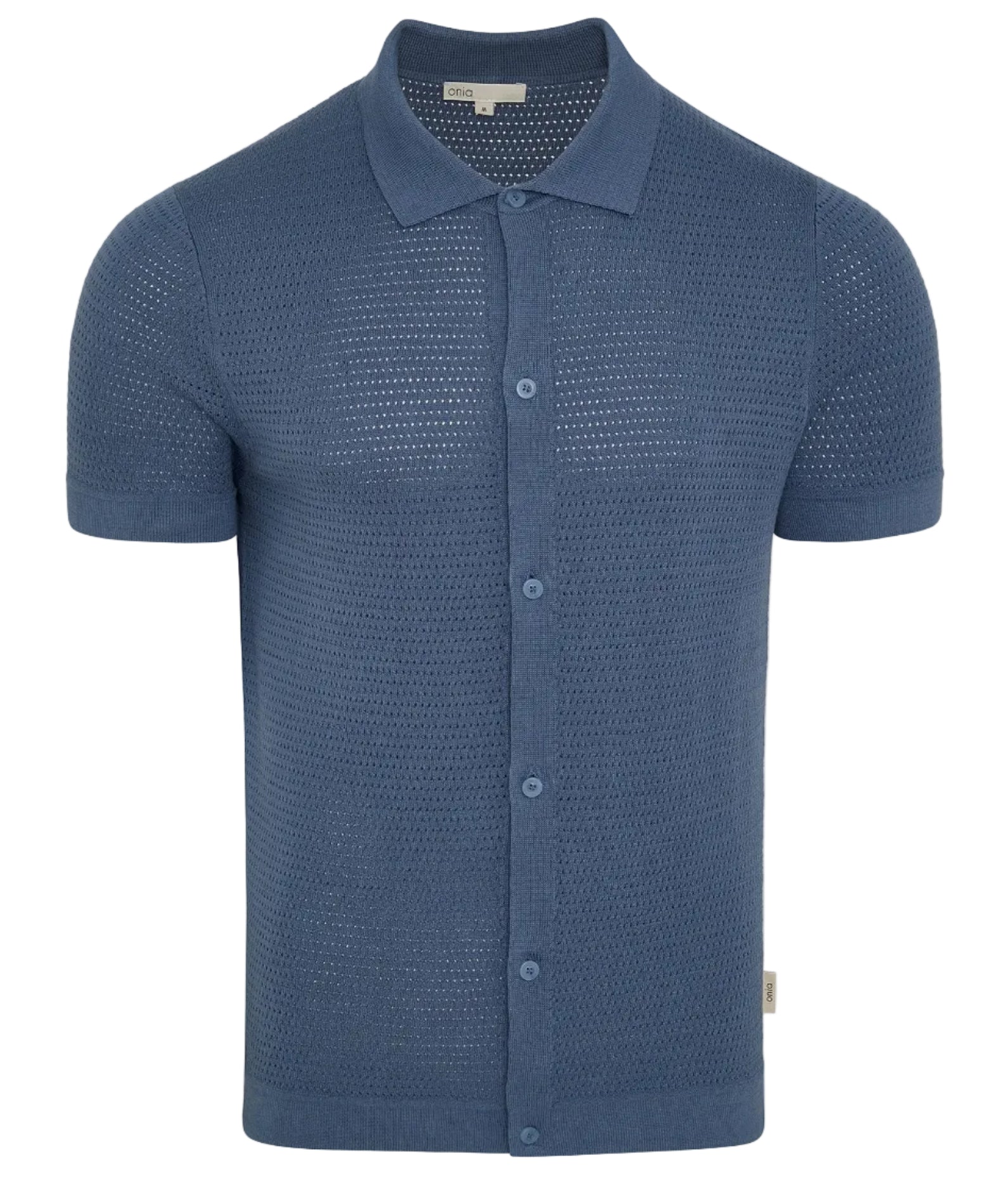 The Onia Drop Needle Button Up is a short-sleeve, collared blue cotton knit shirt featuring a subtle drop-needle texture—ideal for casual wear.