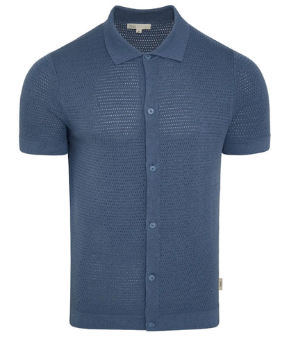 The Onia Drop Needle Button Up is a short-sleeve, collared blue cotton knit shirt featuring a subtle drop-needle texture—ideal for casual wear.