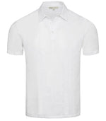 The Onia Cotton Linen Pop-Over Polo is a short-sleeved, collared shirt made from breathable cotton-linen, offering casual comfort and style. Shown in white on a plain background.