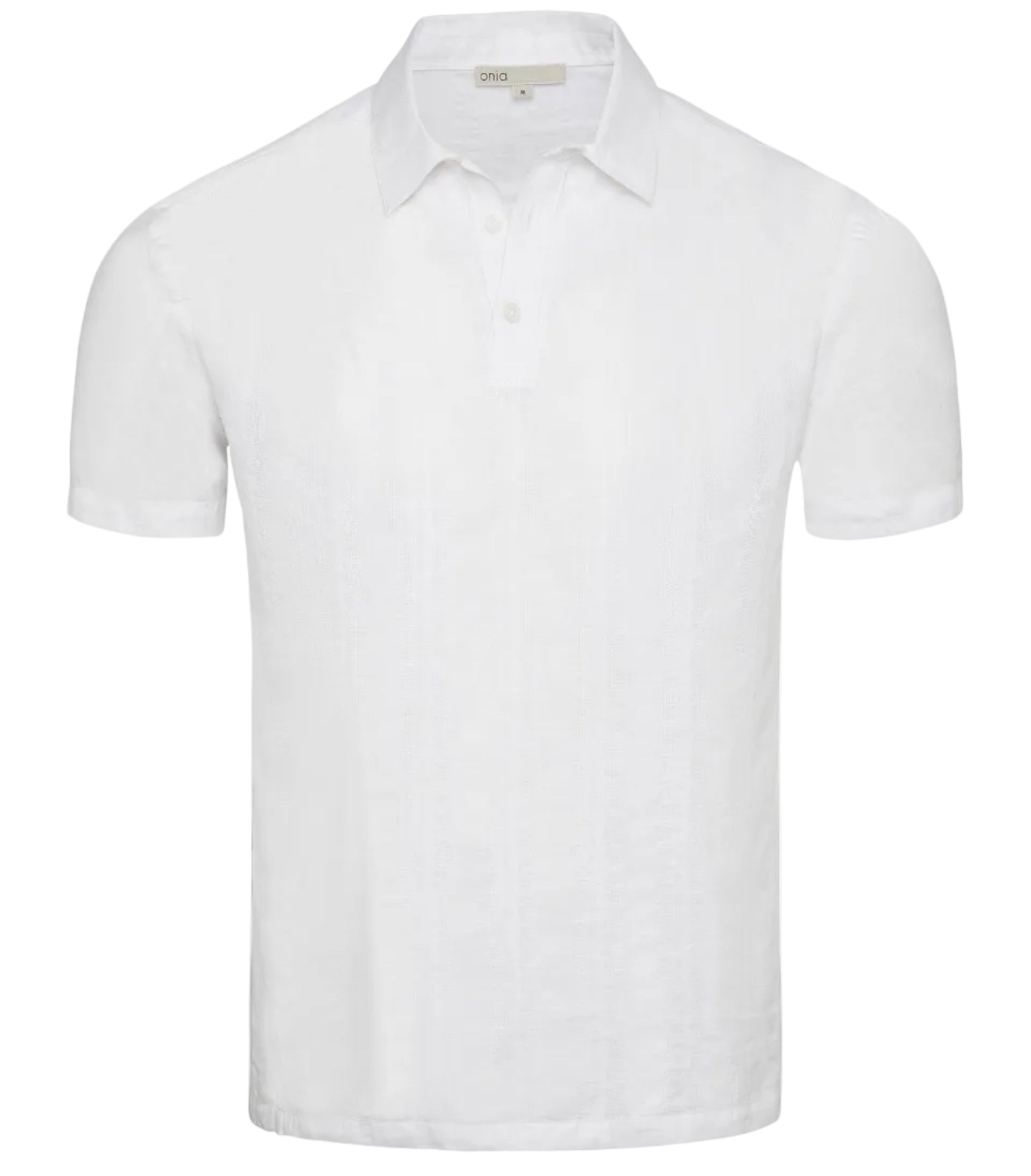 The Onia Cotton Linen Pop-Over Polo is a short-sleeved, collared shirt made from breathable cotton-linen, offering casual comfort and style. Shown in white on a plain background.