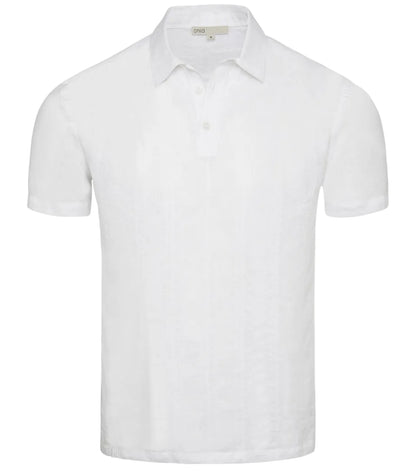 The Onia Cotton Linen Pop-Over Polo is a short-sleeved, collared shirt made from breathable cotton-linen, offering casual comfort and style. Shown in white on a plain background.