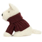 Jellycat Munro Scottie Dog Winter Jumper Outfit sits in profile, dressed in a maroon sweater, against a plain background.
