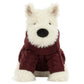 The Jellycat Munro Scottie Dog Winter Jumper Outfit, with a black nose and maroon jumper, sits upright against a plain white background.