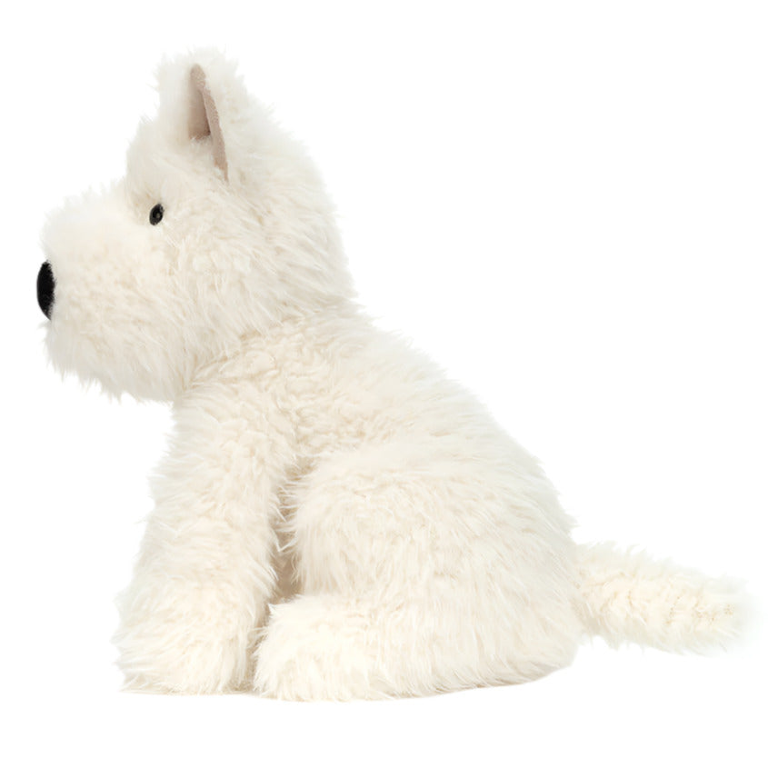 The Jellycat Munro Scottie Dog, Medium, is a white plush pup with a black bobble nose and eyes, sitting left against a plain white background—ready to be your loyal companion.