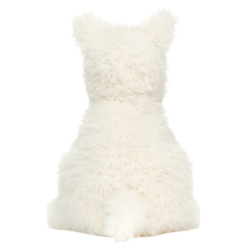 The Jellycat Munro Scottie Dog, Medium is a white, fluffy stuffed animal shown from behind, sitting upright with a small tail, bobble nose, and pointed ears—perfect as an adventurous companion.