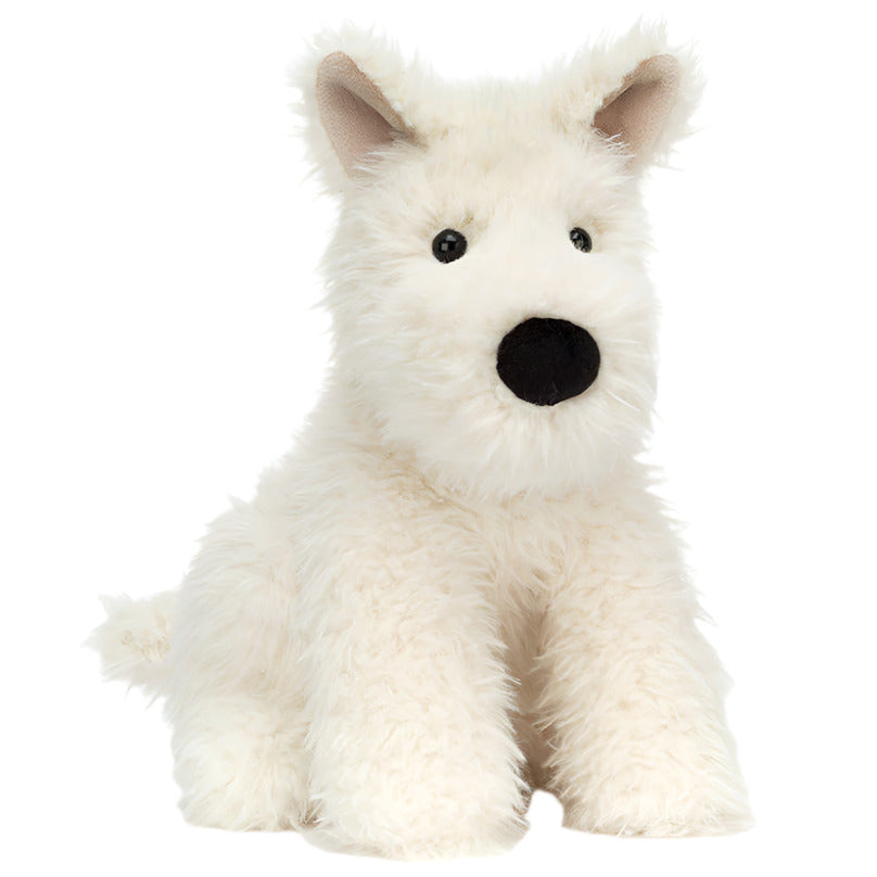 The Jellycat Munro Scottie Dog, Medium, is a plush white toy with pointed ears, black eyes, and a bobble nose—an adorable companion for any aspiring reporter.
