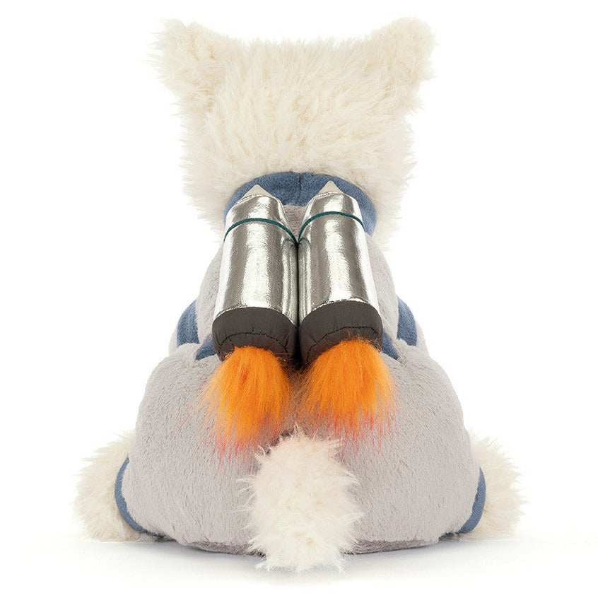 The Jellycat Munro Scottie Dog Space Outfit plush toy features silver jetpacks with orange flames, shown from the back on a white background—ideal for space-loving or synthpop fans.