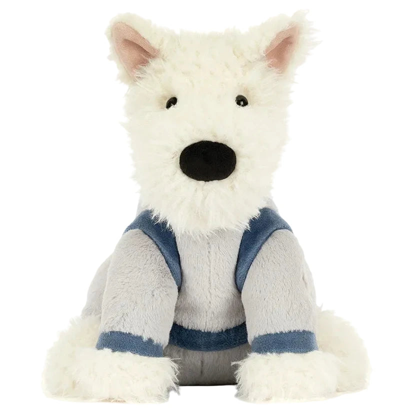 Meet the Jellycat Munro Scottie Dog Space Outfit—a plush toy dog with white fur, black nose, and black eyes, dressed for space adventures. Perfect for synthpop fans or anyone who dreams of a Scotspup among the stars!.