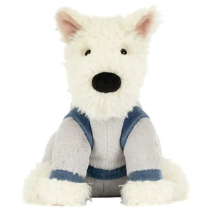 Meet the Jellycat Munro Scottie Dog Space Outfit—a plush toy dog with white fur, black nose, and black eyes, dressed for space adventures. Perfect for synthpop fans or anyone who dreams of a Scotspup among the stars!.